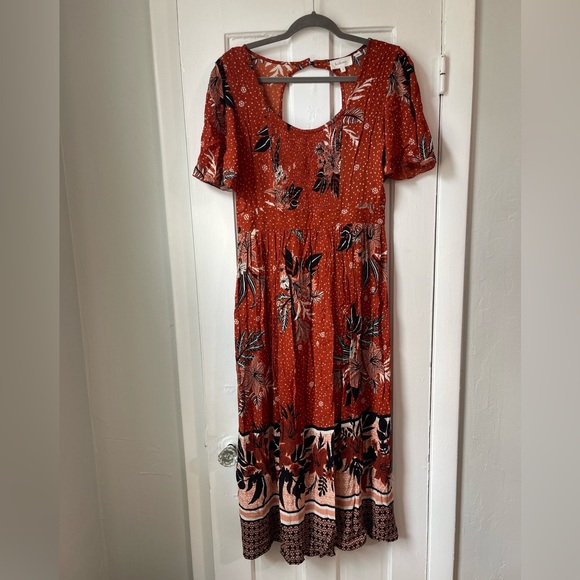 Bohme Jade Smocked Bohemian Midi Dress Rust Black Tropical Women’s Size Large - Picture 2 of 7